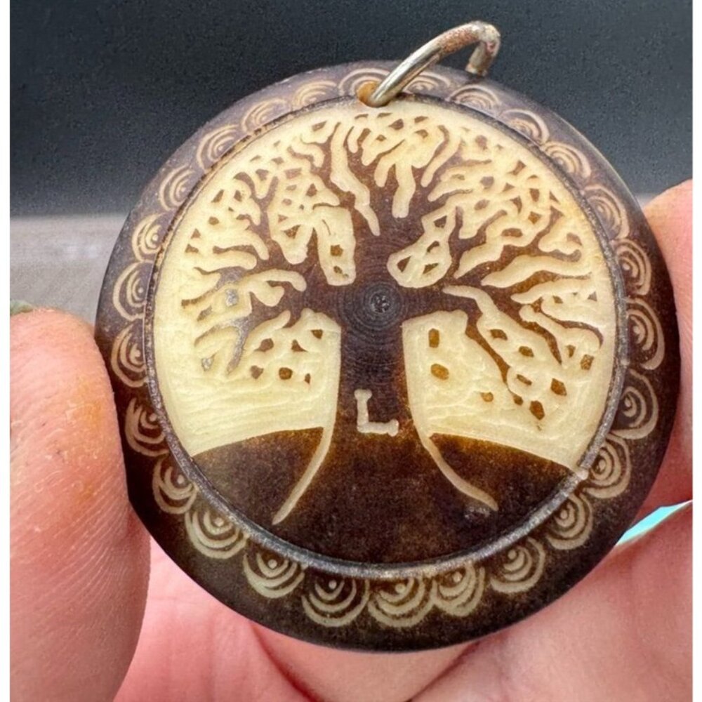 Vintage Hand Carved Celluloid Button Tree of Life Letter L Pendant Possibly Pris